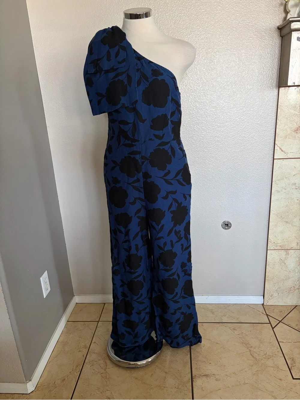 kate spade One-Shoulder Royal Blue and Black Floral Jumpsuit